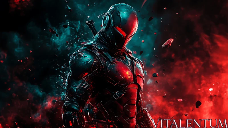 Midnight cyber warrior strides through shattering neon storm