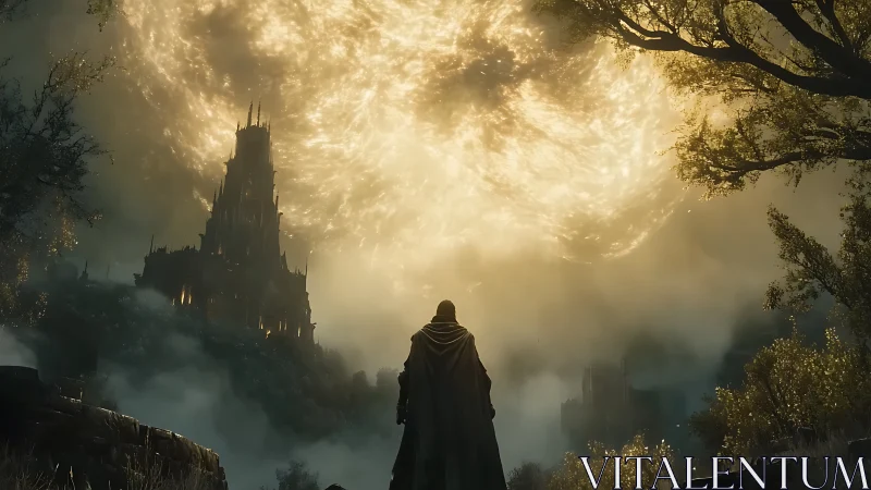 Cloaked figure observing distant fortress under bright sphere.