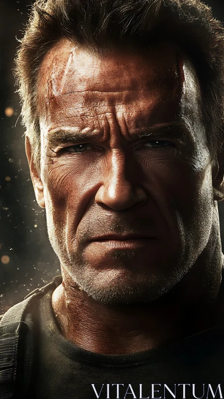 Photorealistic battle-worn male portrait, hard key lighting.