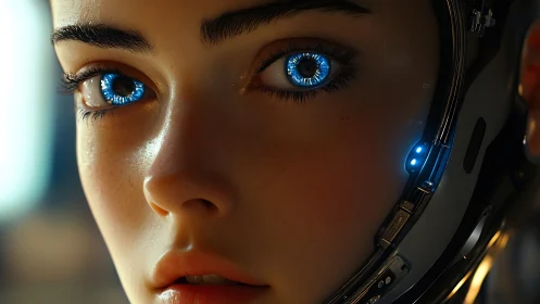Cyborg portrait highlights glowing blue cybernetic eyes.