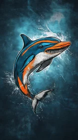Bold stylized dolphin leaping with vivid orange and teal energy.