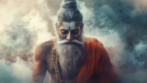 Stormclouds cradle a saffron sage sunk in cosmic silence