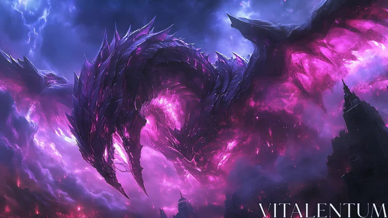 Stormlit amethyst dragon curling through a charged sky.