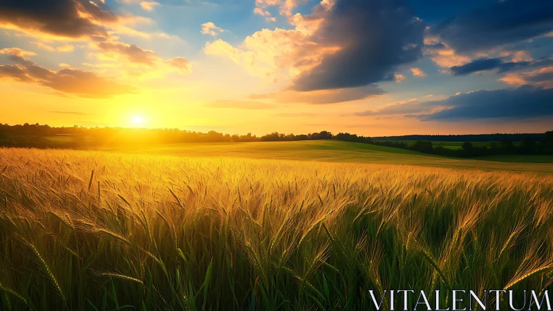 Sunlit cereal field with distant treeline and clouded sky.
