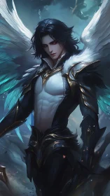 Dark-winged celestial warrior rendered in dramatic fantasy digital art