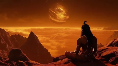 Meditating wanderer under molten sky and cloud ocean dream.