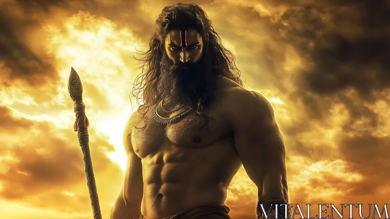 Mythic warrior silhouette in molten sunset backlighting.