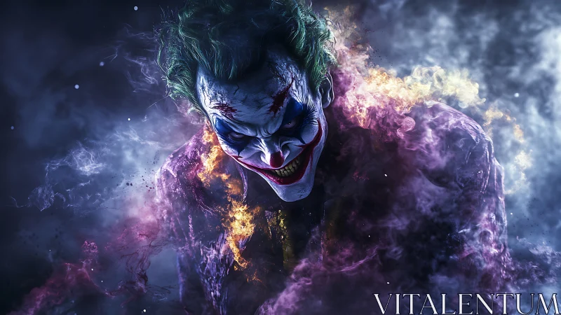 Chaotic clown specter grins through violet stormfire haze.