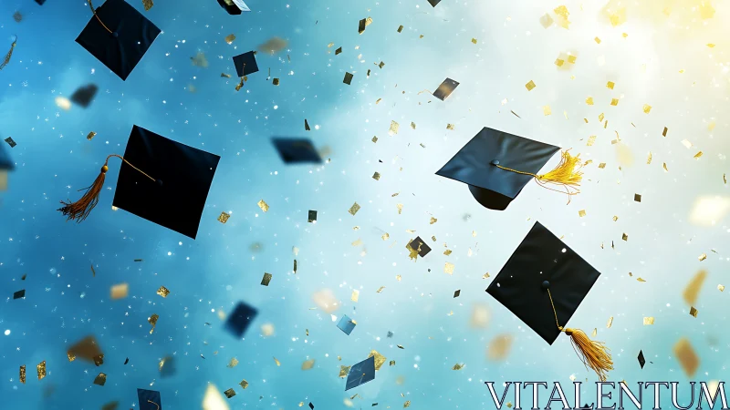 Graduation caps soaring amid golden confetti celebration.