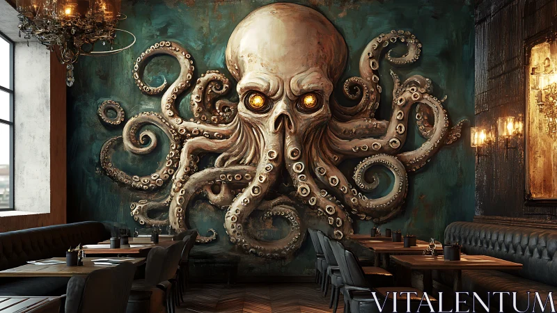 Eldritch octopus mural guards a moody steampunk bistro wall.