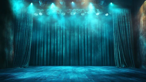 Empty theater stage glows under dramatic teal spotlights.