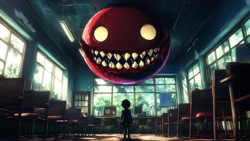 Child facing large floating creature in empty classroom.