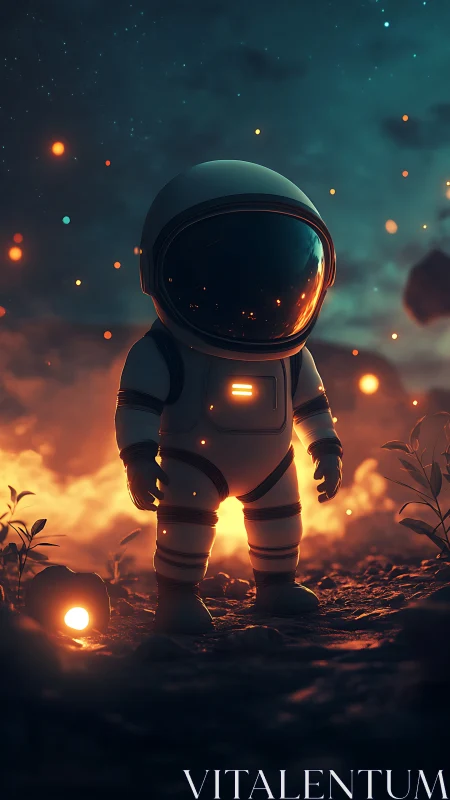 Tiny twilight astronaut wandering through emberlit stardust.