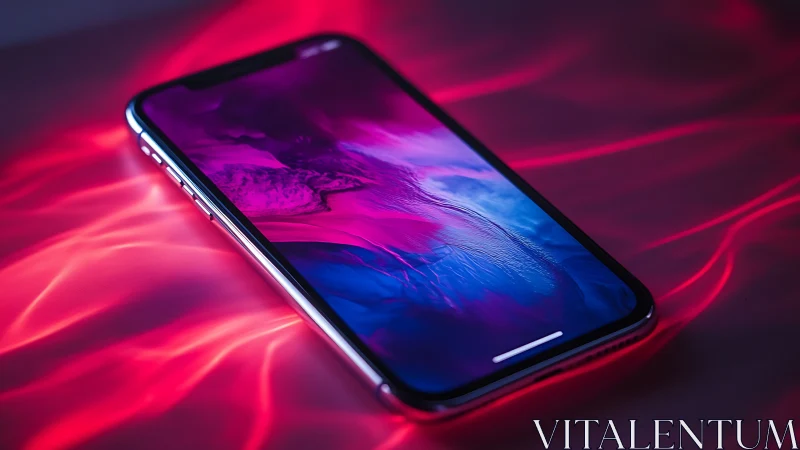 Neon-Lit Smartphone on Glowing Pink Background.