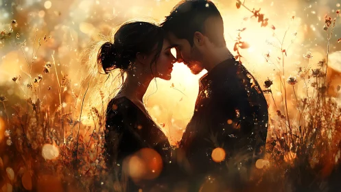 Silhouettes Embrace in Sunset Field of Wildflowers.