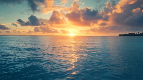 Photorealistic seascape horizon with radiant sunset symmetry.