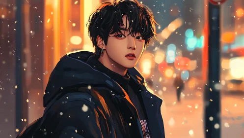 Stylized winter street portrait uses warm bokeh contrast effectively