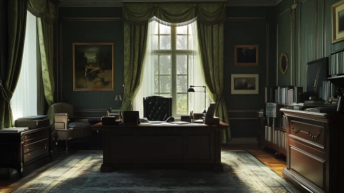 Photorealistic classic executive office with central window focus.