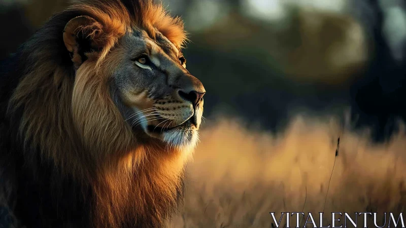 Male lion in side profile observes grassland at sunset