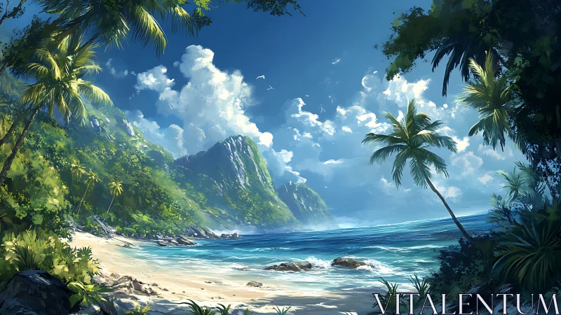 Tropical Beach Cove with Mountain Cliffs and Vegetation.
