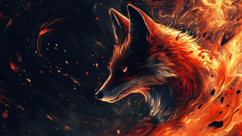 Fiery fox portrait emerges from swirling inferno backdrop