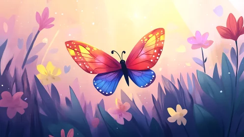 Digital painting of luminous butterfly over pastel meadow.