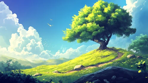 Sunlit hill tree under vivid blue sky with rolling clouds.