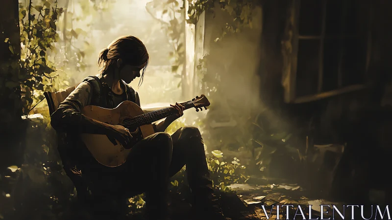 Backlit guitarist in overgrown interior with volumetric light