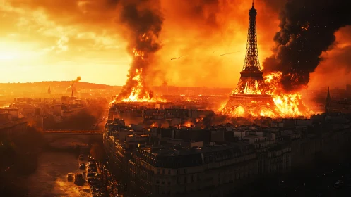 Apocalyptic Parisian Cityscape Engulfed in Massive Conflagration