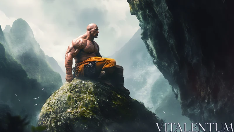 Muscular monk in misty canyon performing static rock meditation.