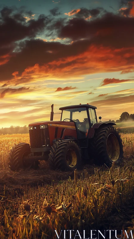 Red tractor cuts stubble beneath blazing harvest sunset.