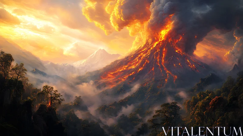 Volcanic eruption dominates misty mountain landscape with catastrophic intensity