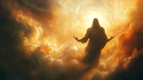 Robe-clad figure viewed from behind within glowing clouds.