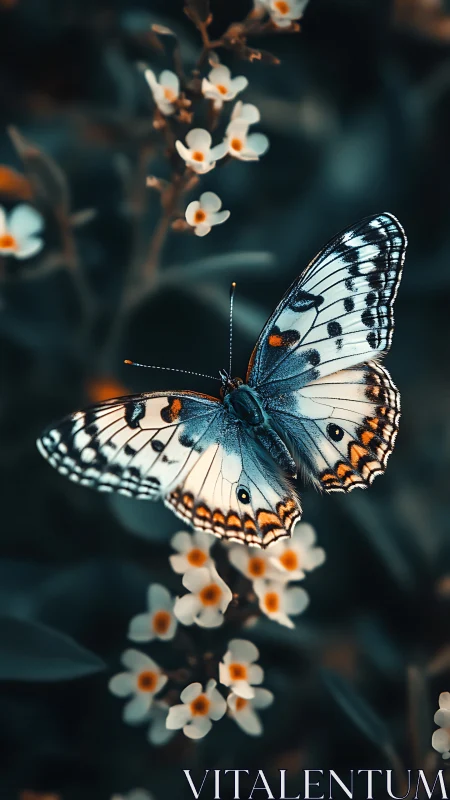 Macro butterfly study on blossoms with teal and amber bokeh