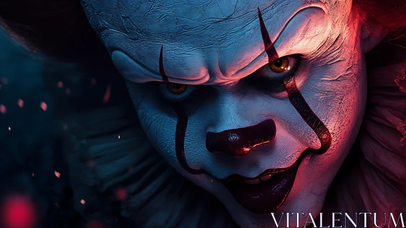 Predatory carnival clown in sinister neon-shadowed closeup.