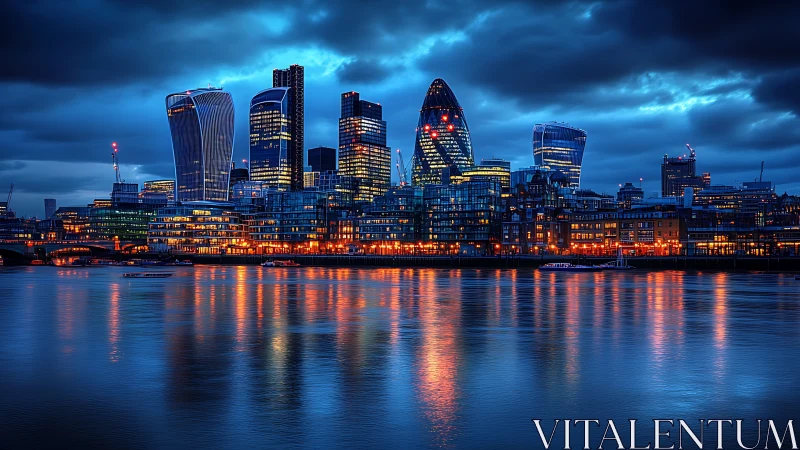 London financial district skyline at blue hour across Thames.
