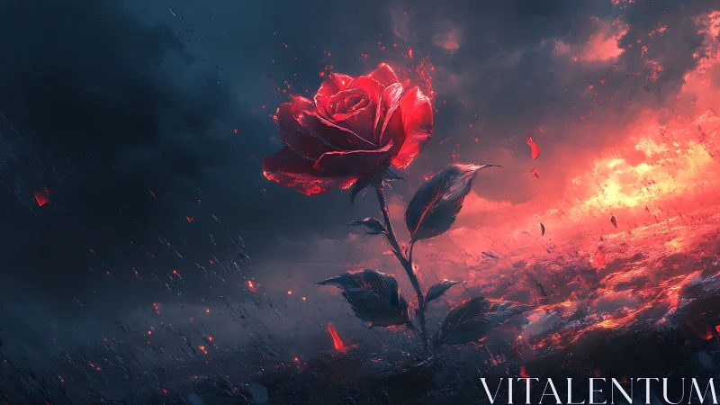 Crimson rose ignites stormy horizon in cinematic digital art.