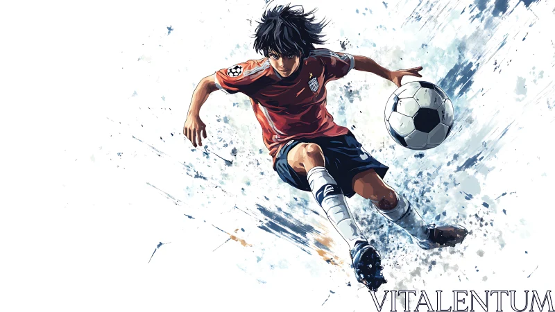 Dynamic anime footballer in mid-air kick with paint bursts.