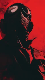 Masked figure in red dystopian gas mask portrait illustration.