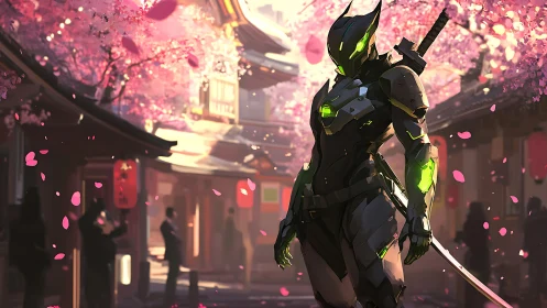 Cybernetic katana operative in neon armor under sakura canopy