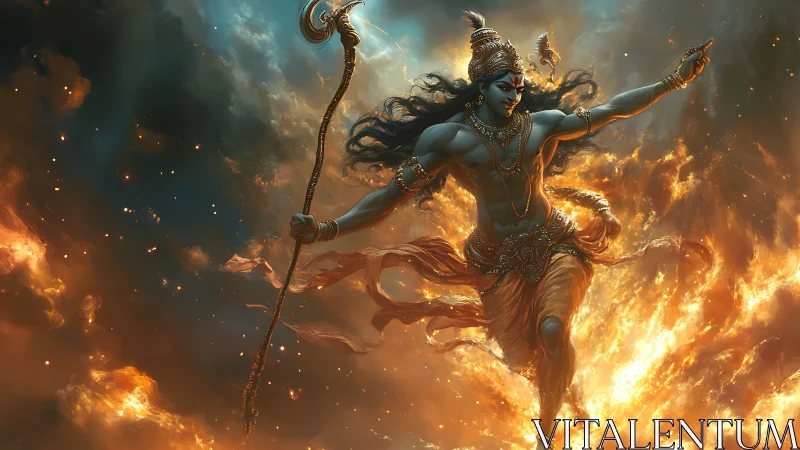 Mythic warrior deity strides through infernal storm in motion