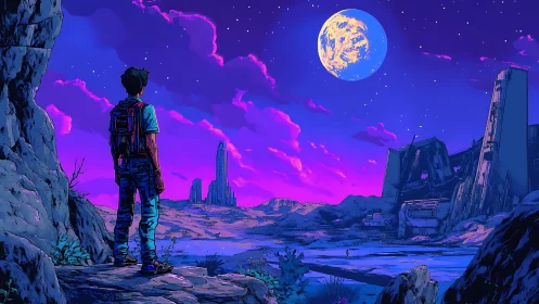 Solitary explorer observing alien ruins under bioluminescent moon