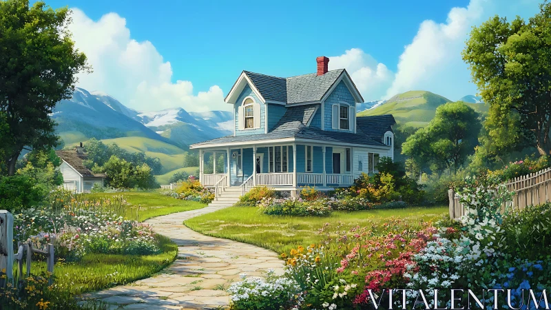 Sunny blue farmhouse nestles in lush mountain wildflower garden