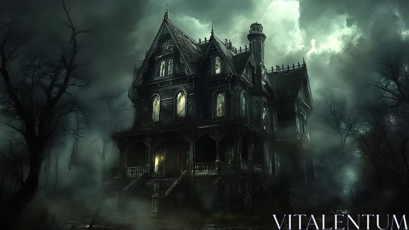 Gothic multi-story mansion stands amid dense fog and trees