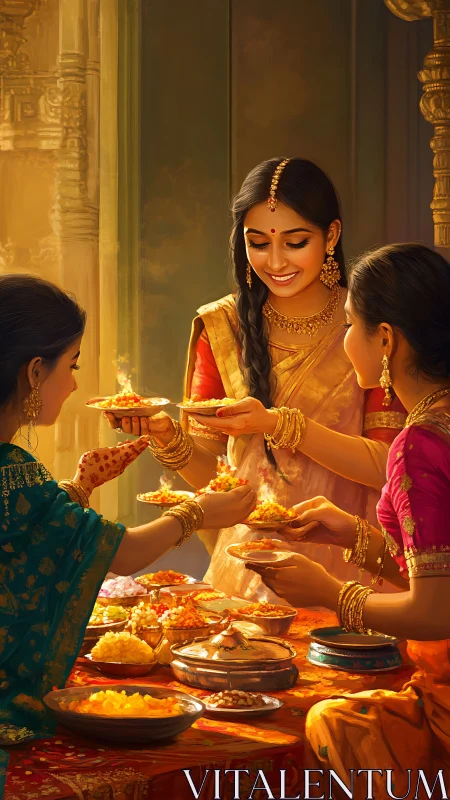 Festive Indian women sharing traditional sweets at banquet.