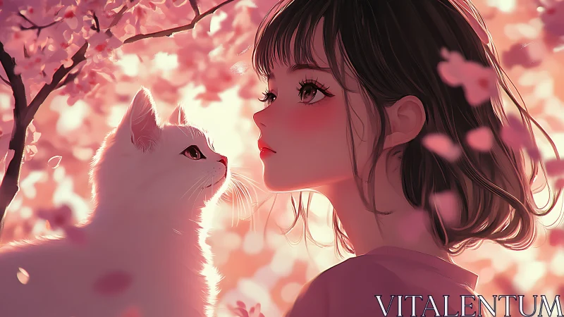 Girl and white cat share quiet gaze under cherry blossoms.