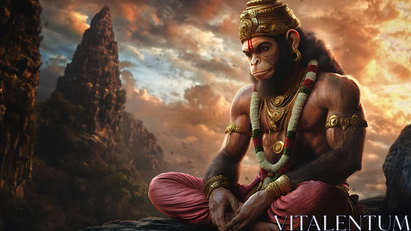 Photorealistic simian deity in meditative mountain composition.