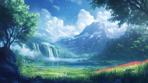 Gentle waterfalls and sunlit mountains in a quiet green valley.