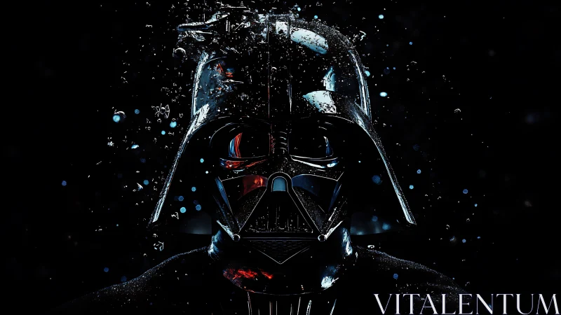 Dark sci fi helmet portrait with shattered particle glow.