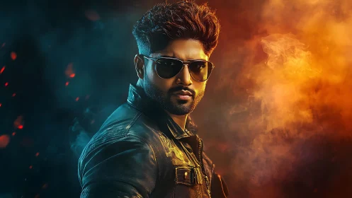 Cinematic portrait of man in leather jacket, bicolor smoke light